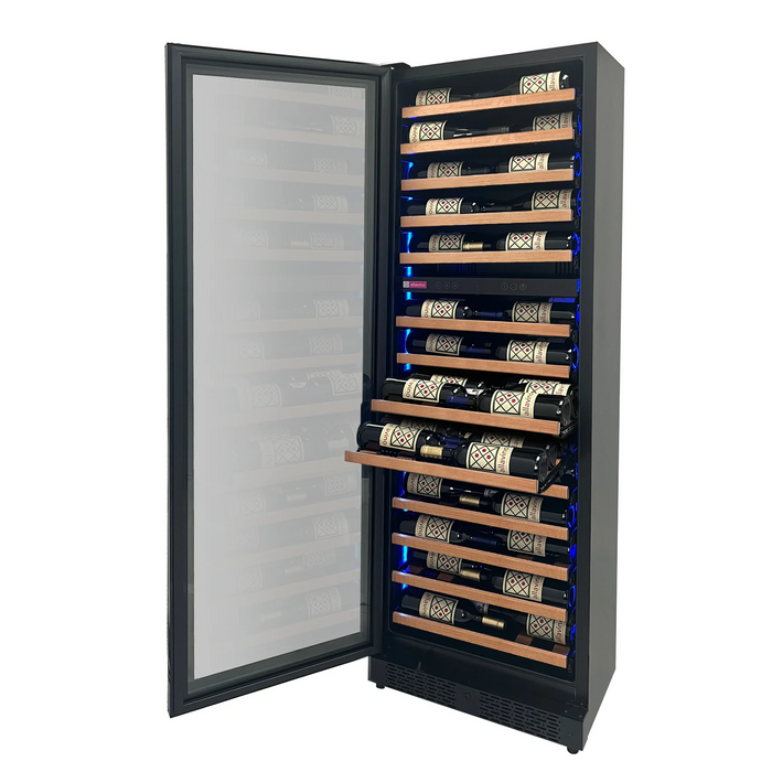 Reserva Series 67 Bottle 71" Tall Dual Zone Left Hinge Black Shallow Wine Refrigerator with Wood Front Shelves