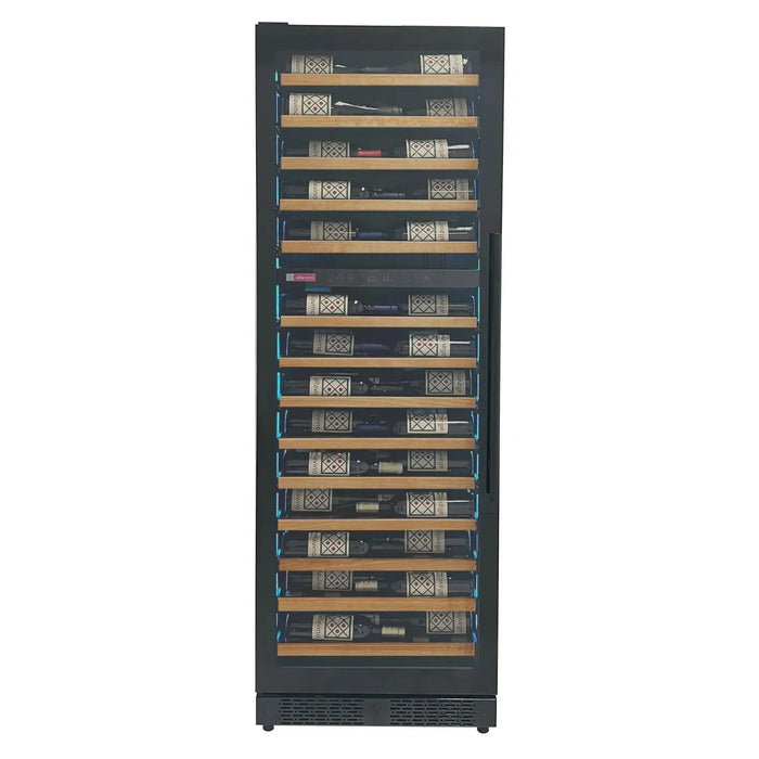 Reserva Series 67 Bottle 71" Tall Dual Zone Left Hinge Black Shallow Wine Refrigerator with Wood Front Shelves