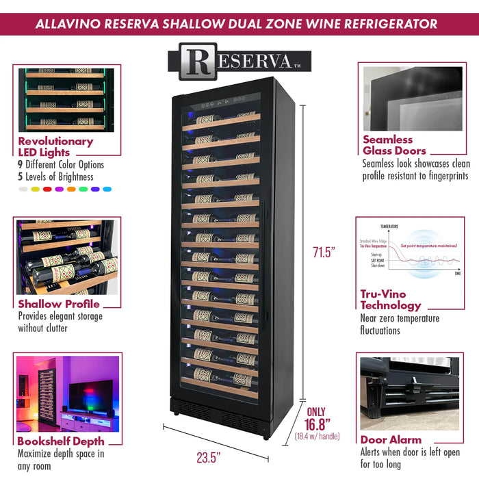 Reserva Series 67 Bottle 71" Tall Single Zone Left Hinge Black Shallow Wine Refrigerator with Wood Front Shelves