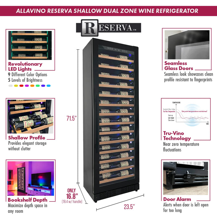 Reserva Series 67 Bottle 71" Tall Single Zone Right Hinge Black Shallow Wine Refrigerator with Wood Front Shelves