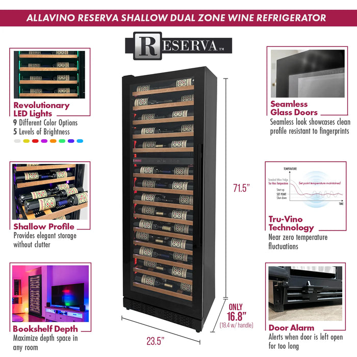 Reserva Series 134 Bottle 71" Tall Four Zone Black Side-by-Side Shallow Wine Refrigerator with Wood Front Shelves