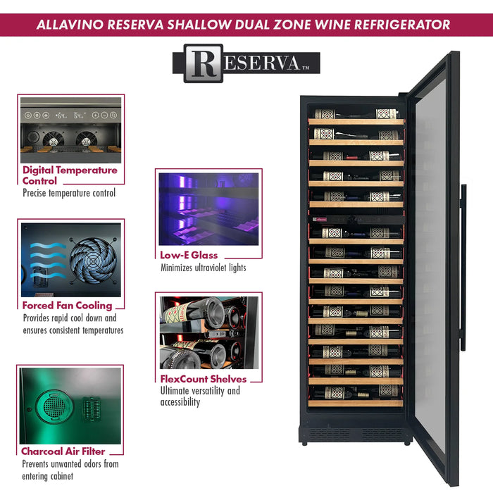 Reserva Series 67 Bottle 71" Tall Dual Zone Right Hinge Black Shallow Wine Refrigerator with Wood Shelf Fronts