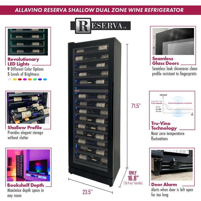 Reserva Series 67 Bottle 71" Tall Dual Zone Left Hinge Black Shallow Wine Refrigerator Console