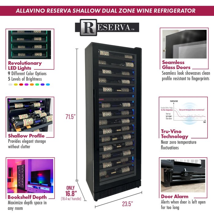 Reserva Series 67 Bottle 71" Tall Dual Zone Right Hinge Black Shallow Wine Refrigerator Console