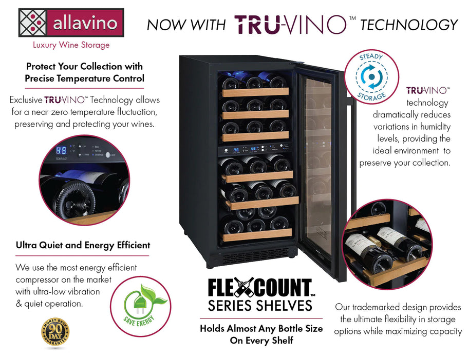 15" Wide FlexCount II Tru-Vino Technology 30 Bottle Dual Zone Black Wine Refrigerator