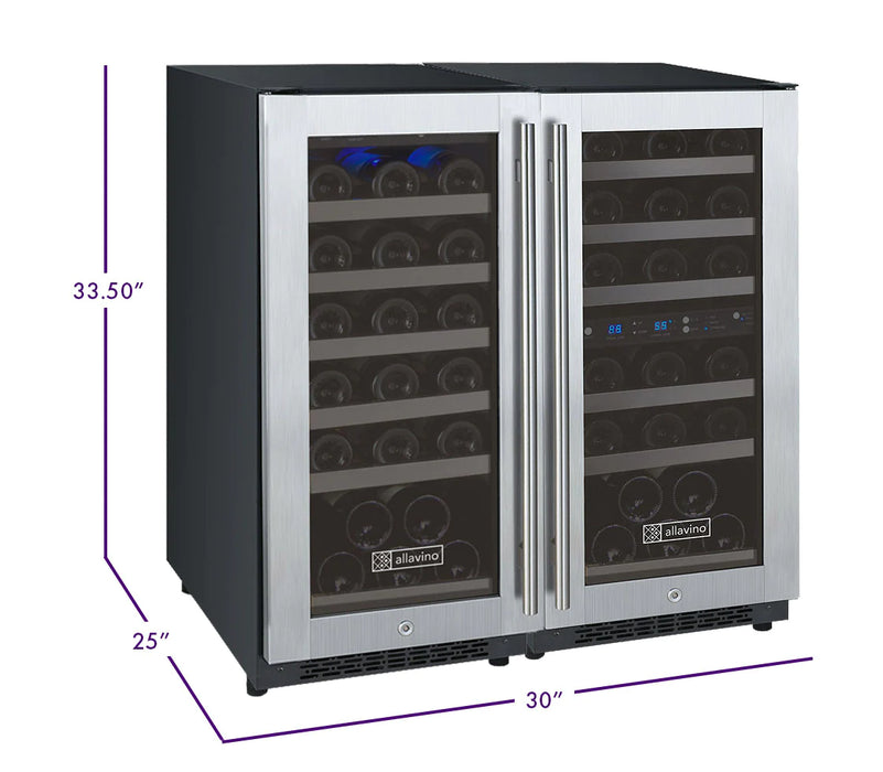 30" Wide FlexCount II Tru-Vino 60 Bottle Three Zone Stainless Steel Side-by-Side Wine Refrigerator
