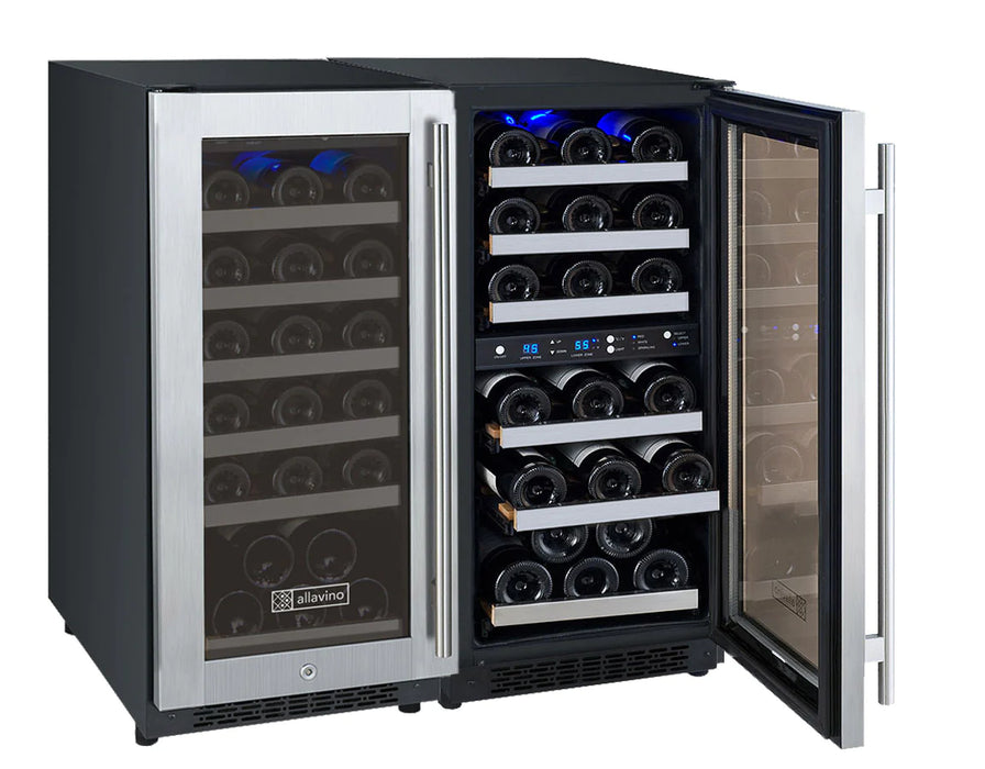 30" Wide FlexCount II Tru-Vino 60 Bottle Three Zone Stainless Steel Side-by-Side Wine Refrigerator