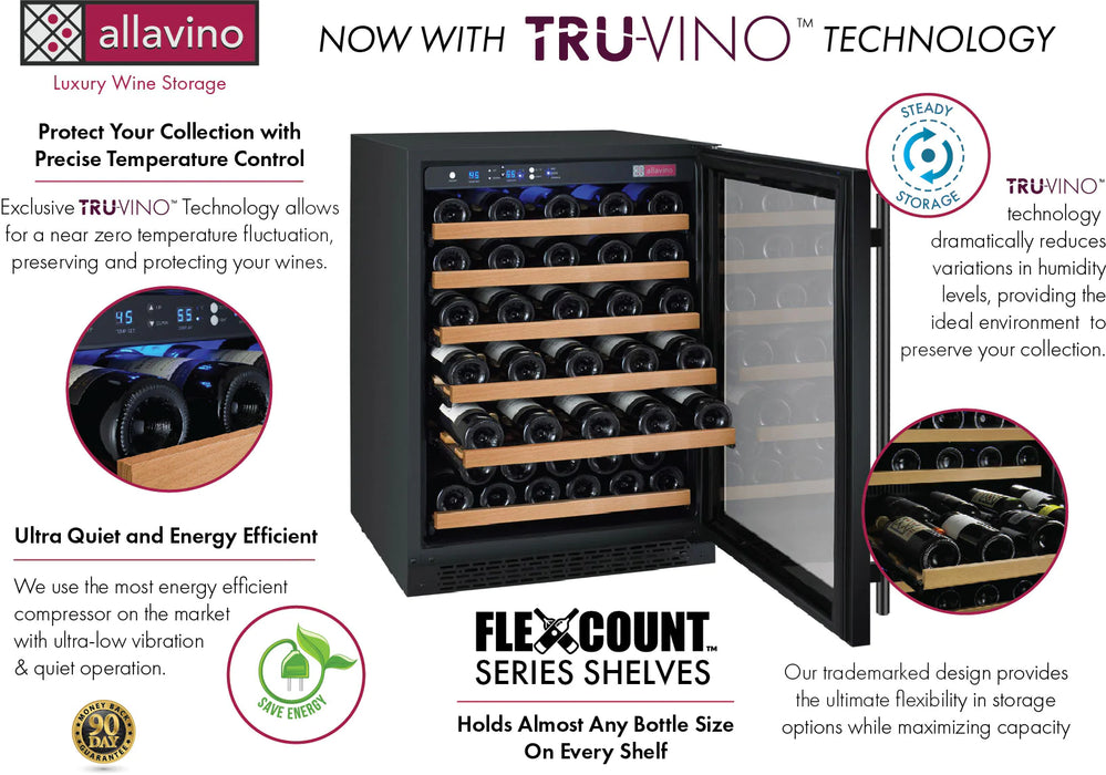 47" Wide FlexCount II Tru-Vino 112 Bottle Dual Zone Black Side-by-Side Wine Refrigerator