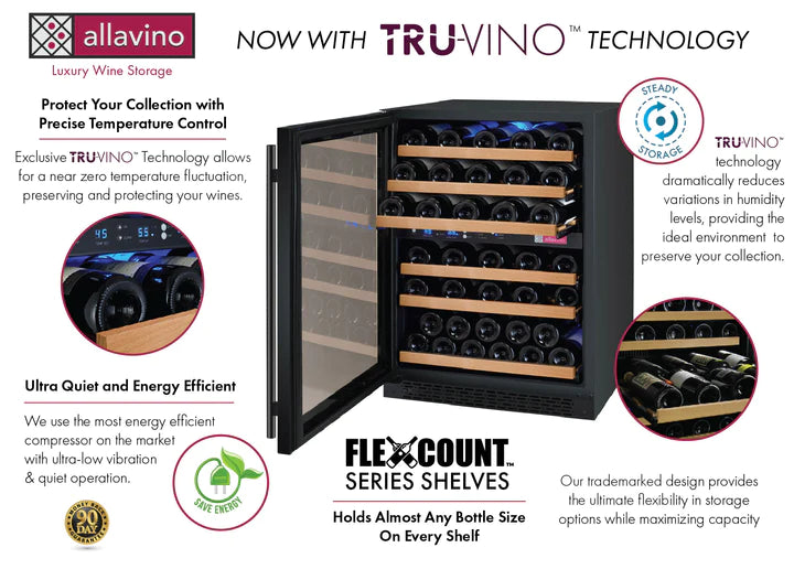 24" Wide FlexCount II Tru-Vino 56 Bottle Dual Zone Black Left Hinge Wine Refrigerator