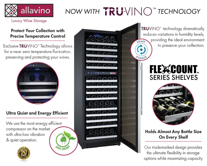 24" Wide FlexCount Classic II Tru-Vino 172 Bottle Dual Zone Stainless Steel Right Hinge Wine Refrigerator