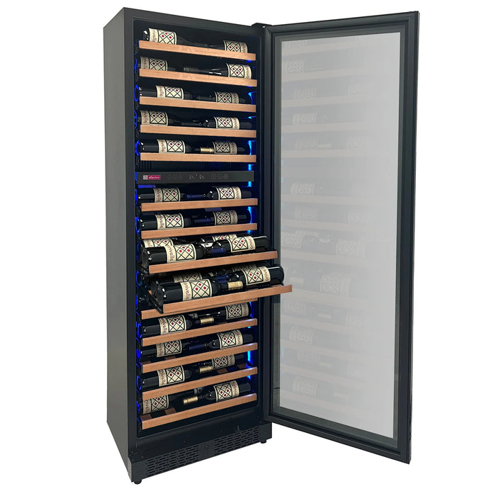 Reserva Series 67 Bottle 71" Tall Dual Zone Right Hinge Black Shallow Wine Refrigerator with Wood Shelf Fronts