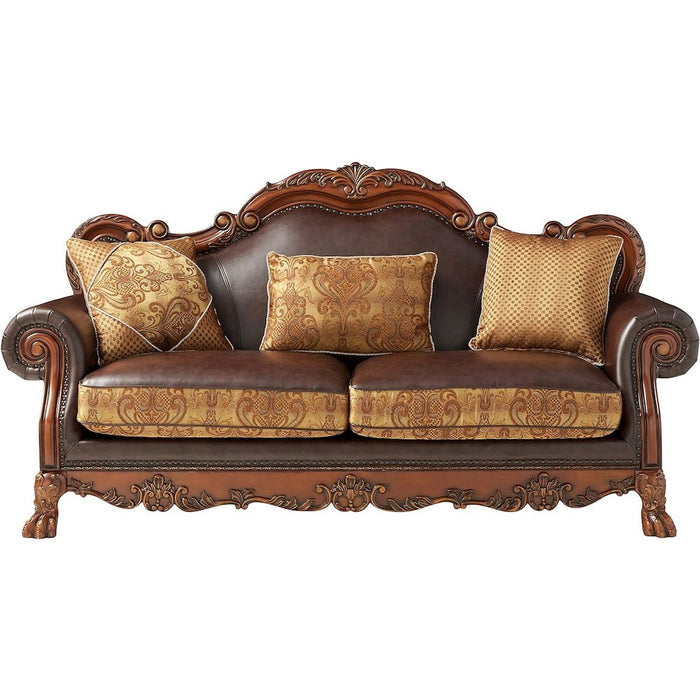 Sofa (w/3 Pillows), Brown PU & Chenille, Cherry Oak 15160