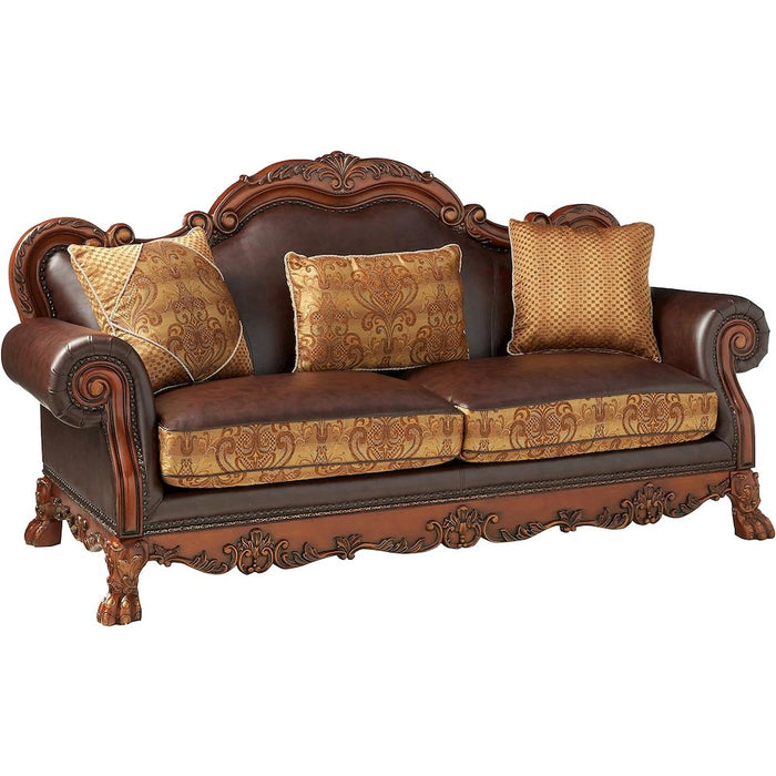 Sofa (w/3 Pillows), Brown PU & Chenille, Cherry Oak 15160