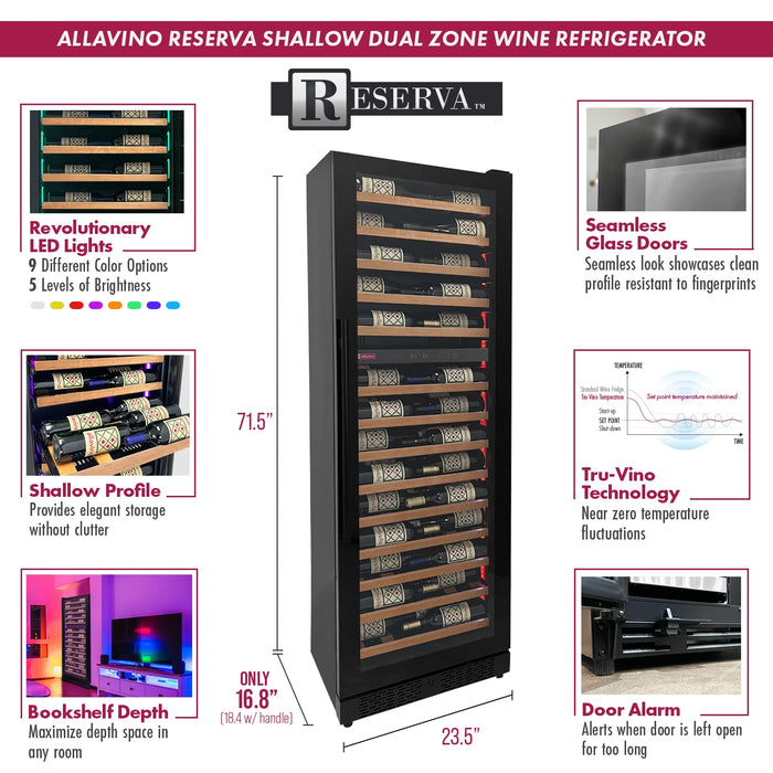 Reserva Series 67 Bottle 71" Tall Dual Zone Right Hinge Black Shallow Wine Refrigerator with Wood Shelf Fronts