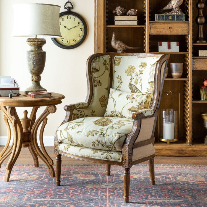 Flourish Pattern Wood Framed Wing Chair